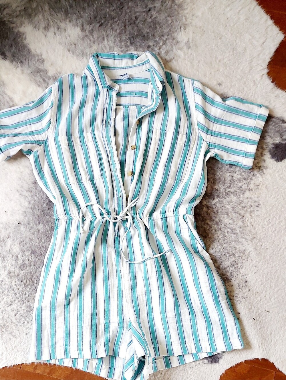 Striped Button-Front Romper in White and Teal